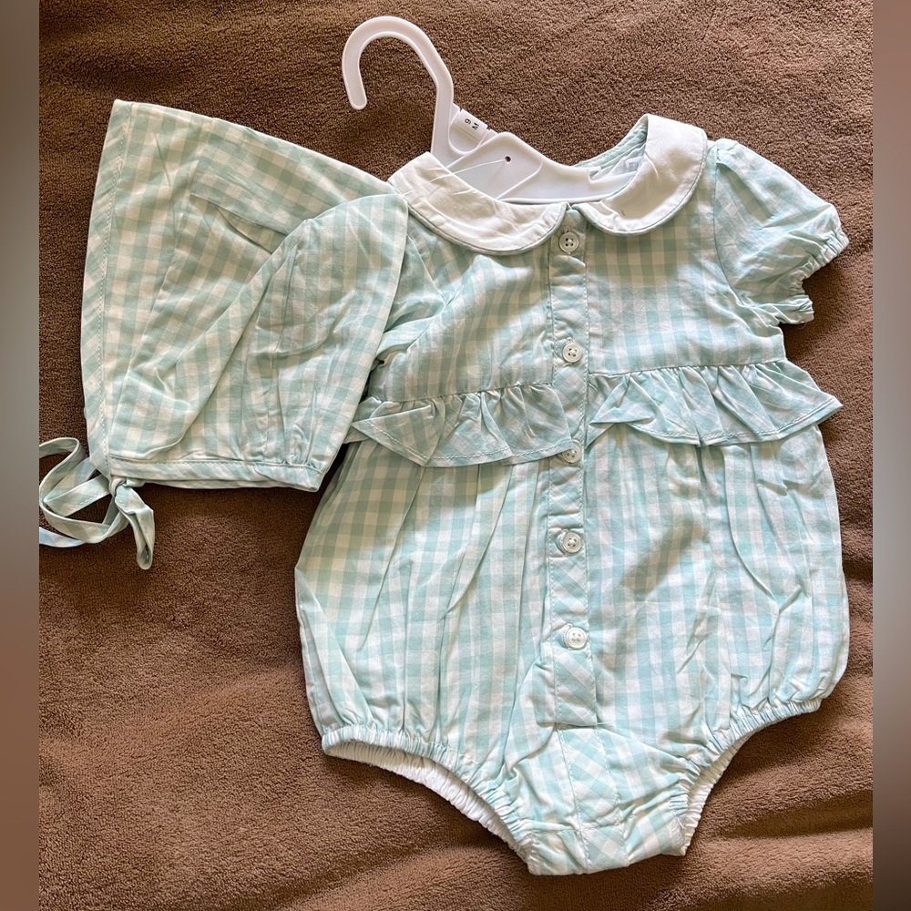 Teal and White Checkered Baby Romper with matching Bonnet